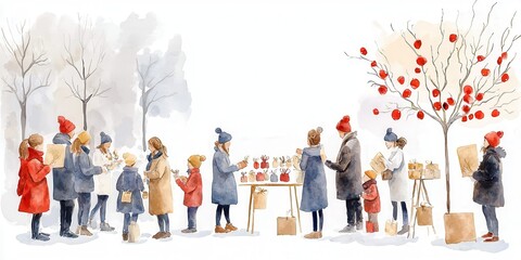 Fototapeta premium People and community gathering concept. Winter scene with people in colorful coats enjoying a festive market with trees and decorations. watercolor style.