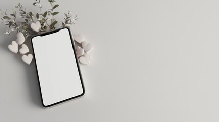 Obraz premium 3D rendering of a modern smartphone mockup with a blank white screen, surrounded by decorative hearts and minimalistic elements, ideal for Valentine's Day themes or product promotion.