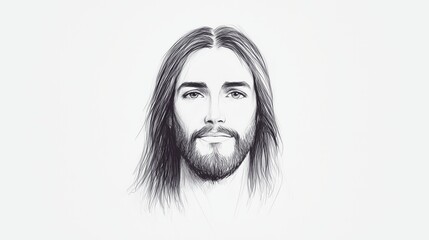 Detailed Sketch of Jesus Christ's Face With Long Hair and Beard on White Background Illustrating Spirituality and Religious Significance in Monochrome Artistic Style