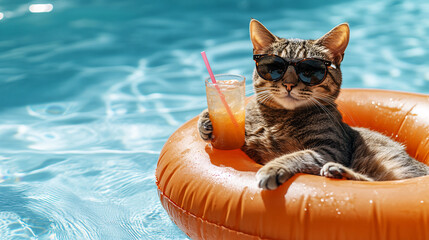 A cool cat lounges in a pool float with sunglasses and a drink, embodying summer vibes and relaxation.
