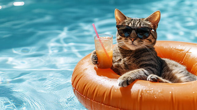 A cool cat lounges in a pool float with sunglasses and a drink, embodying summer vibes and relaxation.