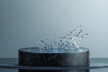 Elegant Black Stone Pedestal with Water Splash, Empty Scene for Cosmetic Product Presentation. 