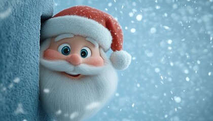 happy Santa Claus peeking around the corner of a light blue wall with snow falling