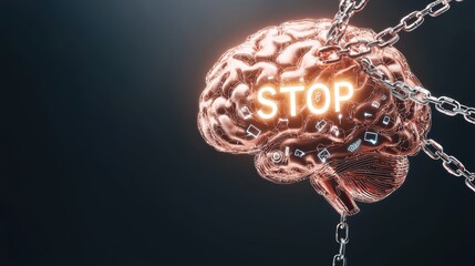 A stylized brain is shackled with chains, prominently displaying the word "STOP," symbolizing mental barriers and the need for mental freedom.