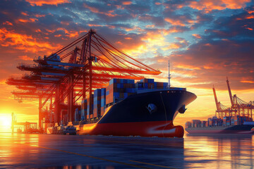 Fototapeta premium Hyper-realistic container ship docked at a busy harbor, sunset industrial landscape