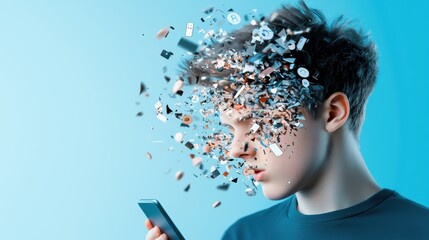 A young person gazes at a smartphone, while their head appears to dissolve into digital fragments, symbolizing technology's impact on the mind.