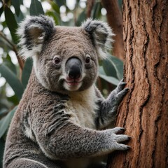 A koala hugging a eucalyptus tree.
