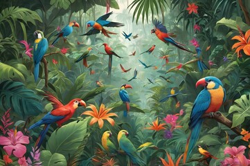 Fototapeta premium A Vibrant Illustration Of A Tropical Jungle Filled With Colorful Birds, Exotic Flowers, And Lush Greenery