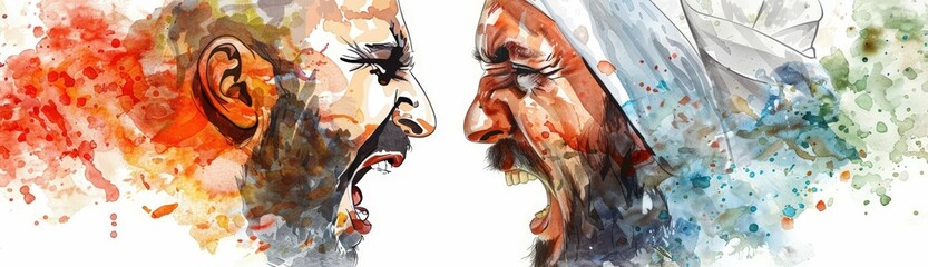 Closeup illustration of a heated argument between Islamic and Christian investors White background, clear lines, and watercolor effects to highlight tension and emotion