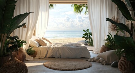 a tropical beach view from inside a bedroom with white curtains and linen bed sheets. A boho-style wooden arched door frame leads to the outdoors