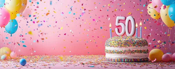 50th birthday card. Vibrant celebration scene with a large 50 balloon, a cake with candles, and colorful confetti on a pink background.