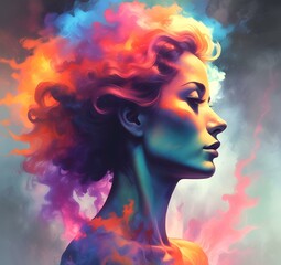 Illustration of woman silhouette with dramatic multicolor smoke background.