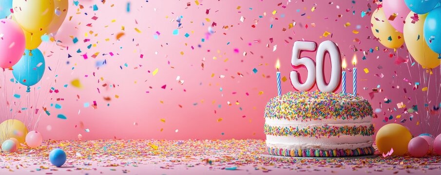 50th birthday card. Vibrant celebration scene with a large 50 balloon, a cake with candles, and colorful confetti on a pink background. - Powered by Adobe