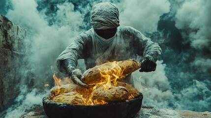 A baker in a mask pulling bread from a smoky outdoor oven, focus on golden crust, vibrant, overlay of steam swirling in air, comfort in pollution
