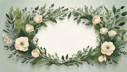 A frame and wreath of lush green leaf branches, ideal for wedding invitations or nature-themed occasions.