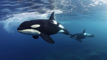 A pod of orcas swimming gracefully in the open ocean, their black and white markings stark against the deep blue water.
