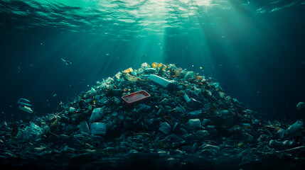 Fototapeta premium Underwater pile of trash and plastic waste, highlighting environmental pollution in the ocean.