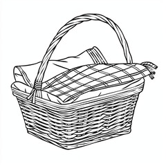 Obraz premium A wicker basket with a plaid blanket inside, ready for a picnic in the park on a sunny summer day. Coloring book