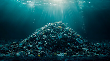 Obraz premium Underwater pile of trash and plastic waste, highlighting environmental pollution in the ocean.
