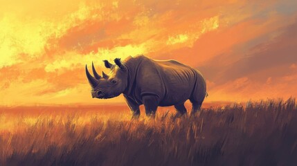 Fototapeta premium Rhino standing in a grassy field, majestic and powerful, wildlife and nature.