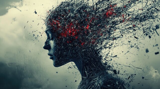 Abstract portrait of a woman with exploding head, dark and moody tones, expressing inner turmoil or mental health.