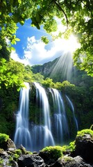 Obraz premium Lush Waterfall in Sunny Rainforest Ambiance