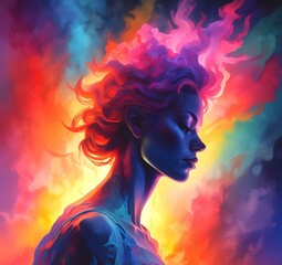 Illustration of woman silhouette with dramatic multicolor smoke background.