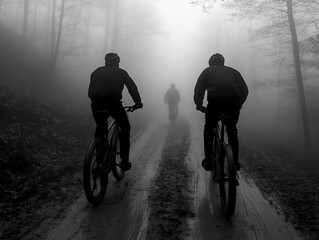 Obraz premium Mountain bikers in masks racing down a foggy hill, focus on muddy tire trails, dynamic, silhouette with fading trees, adrenaline in mist