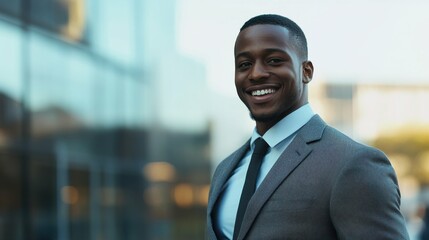 Fototapeta premium Businessman smiling confidently while walking in a modern urban setting