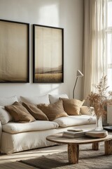 Fototapeta premium Contemporary living room with two large black frames on the wall highlighting clean minimalistic decor and earthy tones