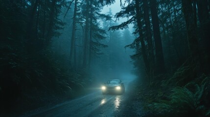 Obraz premium Foggy forest road illuminated by car headlights