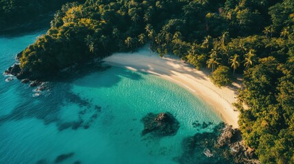 Obraz premium crystal clear turquoise waters, tropical island with lush palm trees, golden sand beach, perfect for a paradise escape and relaxation