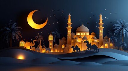 Illuminated Arabian Nights Desert Scene: Camels, Mosque, and Crescent Moon under Starry Sky