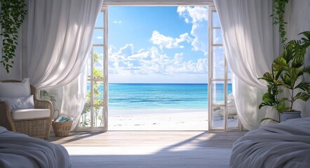 A dreamy bedroom with an open door leading to the beach, featuring white curtains and light-colored furniture