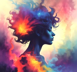 Illustration of woman silhouette with dramatic multicolor smoke background.