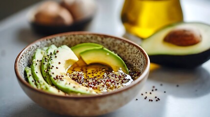 A bowl of quinoa salad garnished with avocado slices and drizzled with heart-healthy oil, placed on a bright kitchen counter 