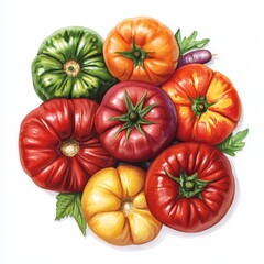 illustration of heirloom tomatoes featuring diverse shapes and vibrant colors on a clean white backdrop for a contemporary look.