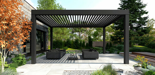 Minimalist pergola with rustic accents for a tranquil outdoor escape.