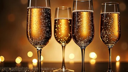 Four golden champagne glasses on a table, forward dolly push in