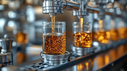 Juice factory. A close-up of a beverage filling machine pouring a golden liquid into glasses, showcasing industrial beverage production.