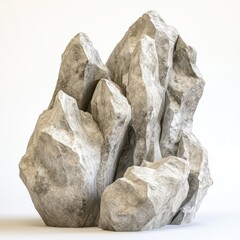 A striking, isolated formation of angular rocks with a rough texture stands out against a white backdrop, offering an artistic allure.