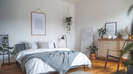 Cozy Modern Bedroom with Greenery and Artistic Decor. Discover a serene bedroom featuring a minimalist design, cozy textures, and lush plants, perfect for relaxation and inspiration.