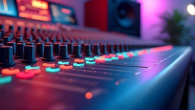 Neon-lit audio mixer in a vibrant studio, knobs and faders glowing, creating a dynamic and energetic atmosphere.