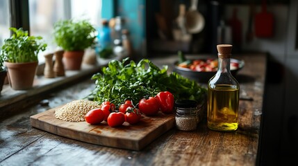 A selection of healthy foods, including fresh vegetables, whole grains, and a bottle of heart-healthy oil, arranged on a rustic kitchen table 
