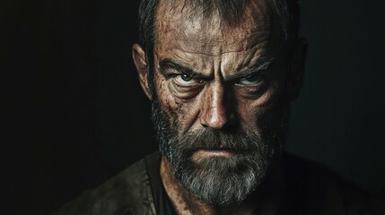 Obraz premium Man with weathered face, intense stare, rugged and mysterious, strong character, black background, dramatic lighting