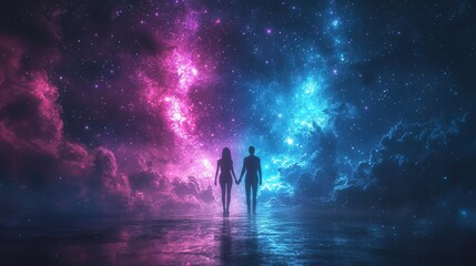 Fototapeta premium Silhouetted Couple Holding Hands Against a Cosmic Background of Stars and Colorful Nebulae in an Enigmatic Universe