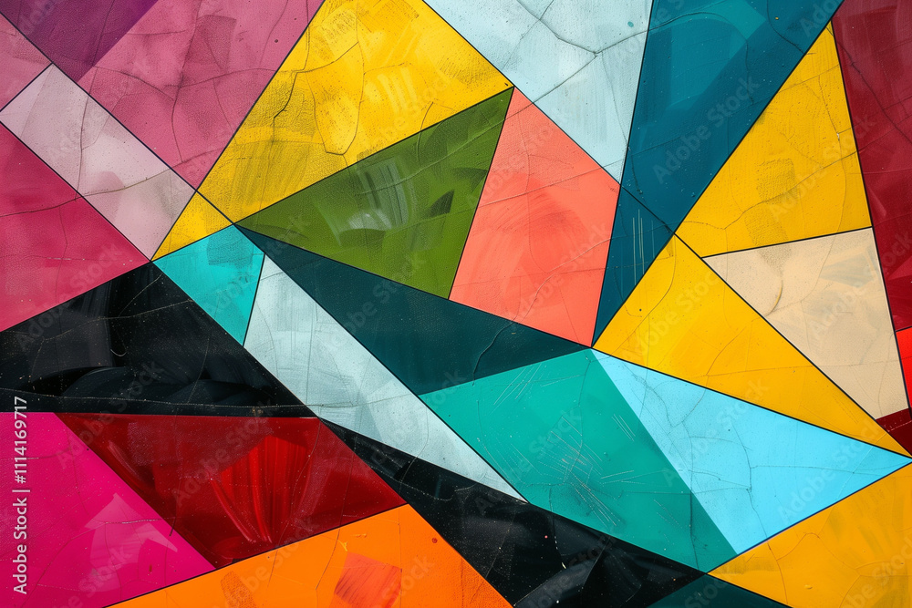 Poster overlapping geometric shapes, each filled with a different vivid color, creating a harmonious abstra