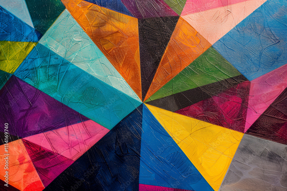 Poster overlapping geometric shapes, each filled with a different vivid color, creating a harmonious abstra