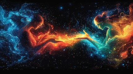 Ethereal Abstract Connection between Two Cosmic Figures in a Colorful Nebula Background