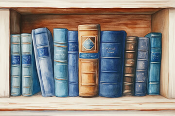 Naklejka premium Serene Book Nook: Watercolor painting of antique books on a wooden shelf, evoking a sense of tranquility and knowledge. 